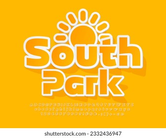 Vector Sign South Park with decorative Sun. Artistic sticker Font. Yellow Alphabet Letters, Numbers and Symbols set