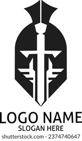 vector sign, spartan helmet, which contains the letter T in the shape of a sword,