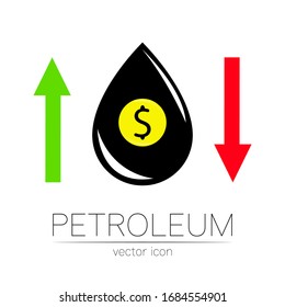 Vector sign of spot liquid oil. Statistics dollar up and down, global financial crisis. Black symbol petroleum isolated on white background. Industry of exploration