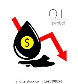 Vector sign of spot liquid oil. Statistics dollar down, global financial crisis. Black symbol petroleum isolated on white background. Industry of exploration