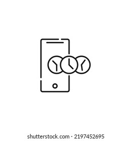 Vector sign suitable for web sites, apps, articles, stores etc. Simple monochrome illustration and editable stroke. Line icon of clocks on phone display 