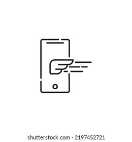 Vector sign suitable for web sites, apps, articles, stores etc. Simple monochrome illustration and editable stroke. Line icon of flying wing on display of smartphone