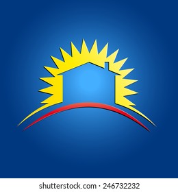 Vector sign sun and house on blue background