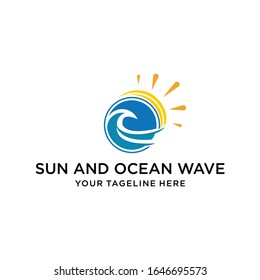 Vector sign sun and ocean wave. Logo marine concept. Logotype for travel agency, boat company, resort