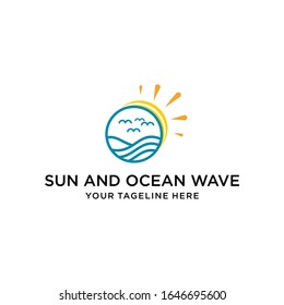Vector sign sun and ocean wave. Logo marine concept. Logotype for travel agency, boat company, resort