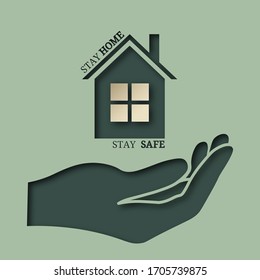Vector sign, symbol, illustration with house and phrase stay home, stay safe. On his hand. Coronavirus awareness, prevention. Hands, hand...