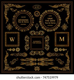 Vector sign, symbols for frames, borders, corners, squares, dividers. Abstract elements for design, premium gold color. Stars, waves, Space and celestial body elements. Set 8 from 9