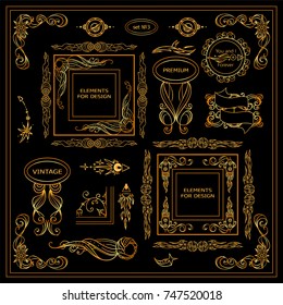 Vector sign, symbols for frames, borders, corners, squares, dividers. Abstract elements for design, premium gold color. Stars, waves, Space and celestial body elements. Set 7 from 9