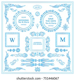 Vector sign, symbols for frames, borders, corners, squares, dividers. Nature elements for design. Stars, waves, Space and celestial body elements. Blue watercolor style. 