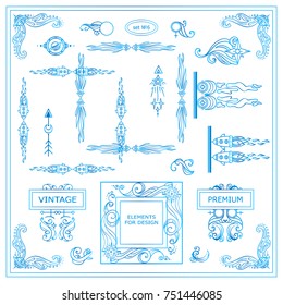 Vector sign, symbols for frames, borders, corners, squares, dividers. Nature elements for design. Stars, waves, Space and celestial body elements. Blue watercolor style.