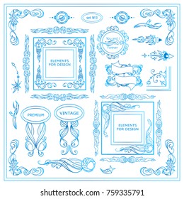 Vector sign, symbols for frames, borders, corners, squares, dividers. Nature elements for design. Stars, waves, Space and celestial body elements. Blue watercolor style. Set 1 from 9