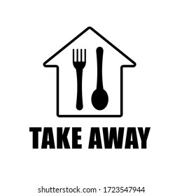 Vector sign "Take away". Illustration of bag with a shape  home  with a spoon and a fork on a white background . . Takeaway food or coffee drink symbol. It can be use for cafe advertising.