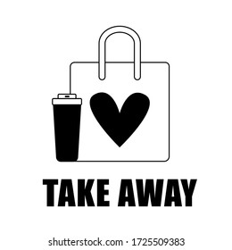 Vector sign "Take away". Illustration of bag with a black
shape of hearts on a white background. It can be use for cafe advertising. Takeaway food or coffee drink symbol.