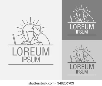 Vector sign template. A man working on the computer. Developer logo or training center. Light bulb - new knowledge and fresh ideas 