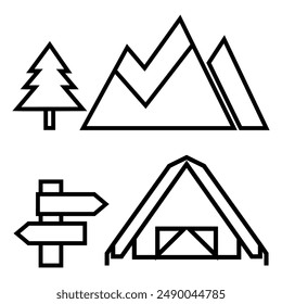 Vektorgrafik Zeichen von Zelt, Berg, Baum und Pfeilholz Zeichen für Ferienlager Symbol Design Illustration.