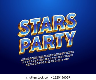 Vector Sign with text Stars Party. Bright  rotated Alphabet Letters, Numbers and Symbols. Blue and Golden 3D Font.
