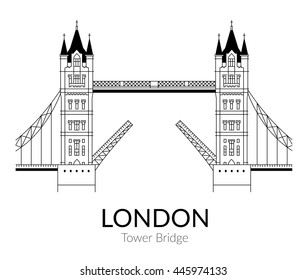 Vector sign of Tower bridge outline for Design, Website, Branding, Logotype, Map, Guide. Travel Britain Landmark silhouette Element.
