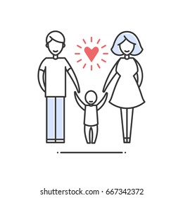 Vector sign of traditional family - mom, dad, and son hold hands. A flat isolated pictogram on white background.