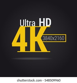 Vector sign ultra HD 4K. Yellow flat icon on black background. Modern resolution monitors for high-quality picture