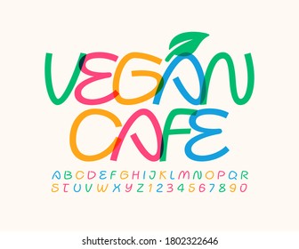 Vector sign Vegan Cafe with decorative Leaf. Artistic bright Font. Handwritten colorful Alphabet Letters and Numbers