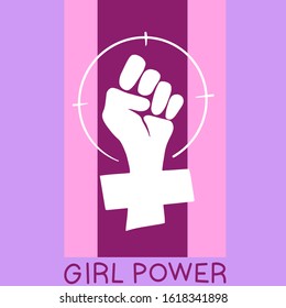 Vector sign of Venus and girl, women power for 8 March, women day, protection of rights. White hand with target symbol and venus symbol. Violet, pink, red background. For ads, cards, banners etc.