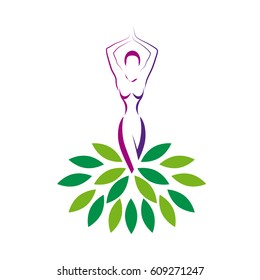 Vector sign woman and leaves. spa, yoga and relax concept
