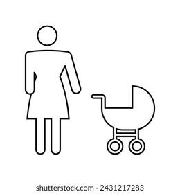 Vector sign woman with a stroller. Icon of a mother walking with a stroller. Illustration of maternal responsibility on isolated background. Family, line. EPS10
