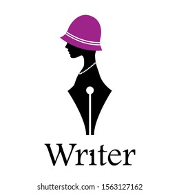 Vector sign writer. Fountain pen, head of a woman wit hat