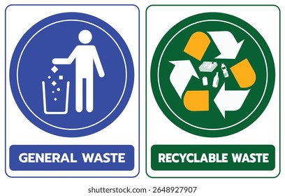Vector signage showing separation of general waste and recyclable waste for eco-friendly disposal and recycling awareness.