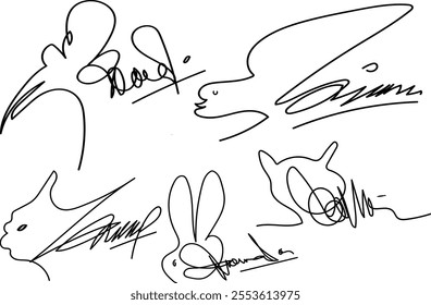 Vector signature. Autograph hand drawn. Scrawl signature. Handwritten fake autograph. Handwriting scribble by pen. Written black sign isolated on white background. Writing sketch. Write scribbles line