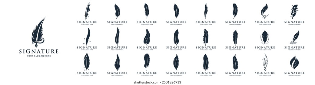 vector of signature feather ink logo design collections. icon vector feather pen ink,Set of black feather icons isolated illustration.