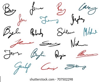 Vector signature set - business contract signatures. Fictitious autographs.