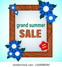 vector signature summer sale on postcard with blue background in wooden frame with blue and blue flowers, with sticker best price