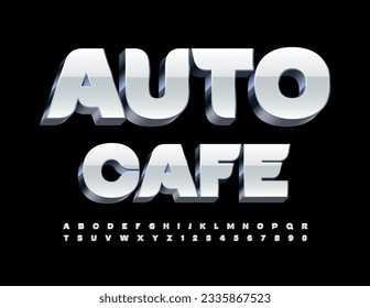 Vector Signboard Auto Cafe. Fuente de estilo blanco y metálico. Letras y números alfabetos modernos