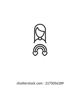 Vector signs drawn in flat style with thin black line. Editable stroke. Suitable for adverts, books, articles, banners. Line icon of hearts under rainbow next to faceless woman 