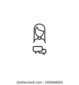 Vector signs drawn in flat style with thin black line. Editable stroke. Suitable for adverts, books, articles, banners. Line icon of rectangular speech bubbles next to faceless woman 