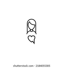 Vector signs drawn in flat style with thin black line. Editable stroke. Suitable for adverts, books, articles, banners. Line icon of speech bubble in form of heart next to faceless woman
