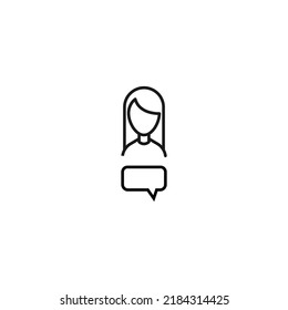 Vector signs drawn in flat style with thin black line. Editable stroke. Suitable for adverts, books, articles, banners. Line icon of speech bubble in form of rectangle next to faceless woman 
