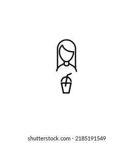 Vector signs drawn in flat style with thin black line. Editable stroke. Suitable for adverts, books, articles, banners. Line icon of cup of soda next to faceless woman 