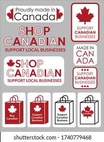 Vector signs and icons that businesses can use to show that they have products made in Canada or as a reminder to customers to support Canadian businesses. Icons use red maple leaf and word art.