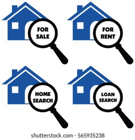 Vector signs of Search home, search rent, search loan, search for sale icons of zoom and house illustration isolated in white background.
