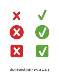 Vector signs set, icons collection, check and cross marks isolated on white background, in circle and square check boxes, green and red colors.