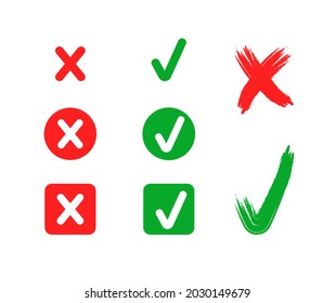 Vector signs set, icons collection, check and cross marks isolated on white background, in circle and square check boxes, green and red colors, hand drawn check and cross marks.