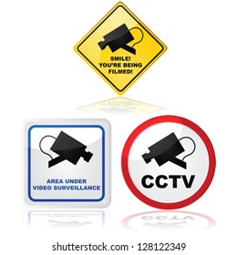 Vector signs showing that a video camera is in use in the place where the sign is located