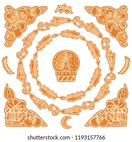 Vector signs, symbols, corners, tiny arts for design, look like abstract gingerbreads, cookies or biscuits with white icing. Elements for frames, borders, squares, dividers in Christmas, winter theme