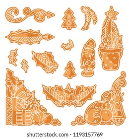 Vector signs, symbols, corners, tiny arts for design, look like abstract gingerbreads, cookies or biscuits with white icing. Elements for frames, borders, squares, dividers in Christmas, winter theme