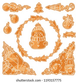 Vector signs, symbols, corners, tiny arts for design, look like abstract gingerbreads, cookies or biscuits with white icing. Elements for frames, borders, squares, dividers in Christmas, winter theme