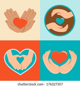 Vector signs and symbols in flat style - symbols of love and care for charity organizations and volunteers