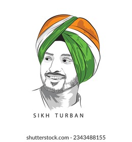 Vector Sikh Turban illustration, An Indian Sikh boy line art, Tricolour turban vector drawing