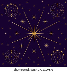 
Vector silent pattern with outer space and golden elements on a dark purple background - stars, shining supernova, vintage science design